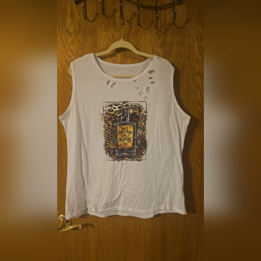 Size 2x Distressed White Sleeveless Graphic Tee LEOPARD print "May Contain